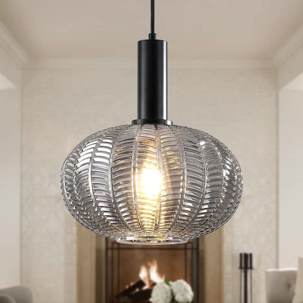 1-Light Black and Smoked Gray Modern Globe Adjustable Glass Pendant Light for Kitchen Island with No Bulbs Included