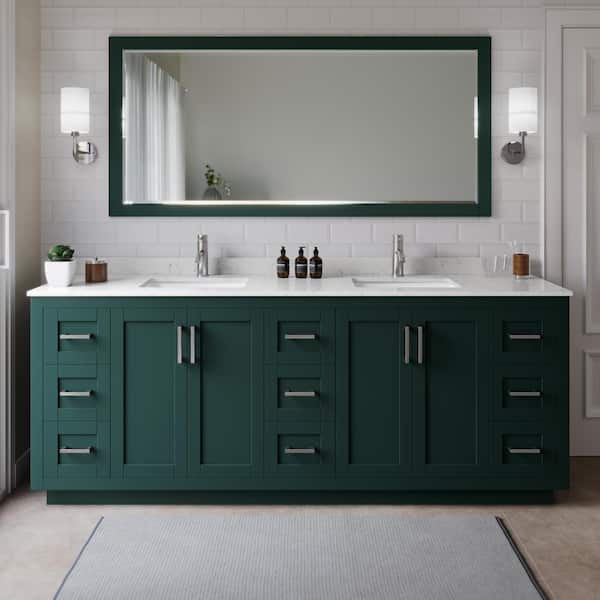 Wyndham Collection Miranda 84 in. W x 22 in. D x 33.75 in. H Double Sink Bath Vanity in Green with Carrara Cultured Marble Top and Mirror