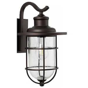 Westfield 10.5 in. 1-Light Oil Rubbed Bronze LED Outdoor Wall Sconce Iron/Seeded Glass Rustic Industrial Cage