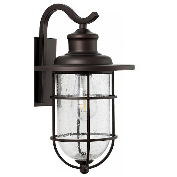 JONATHAN Y Westfield 10.5 in. 1-Light Oil Rubbed Bronze LED Outdoor Wall Sconce Iron/Seeded Glass Rustic Industrial Cage