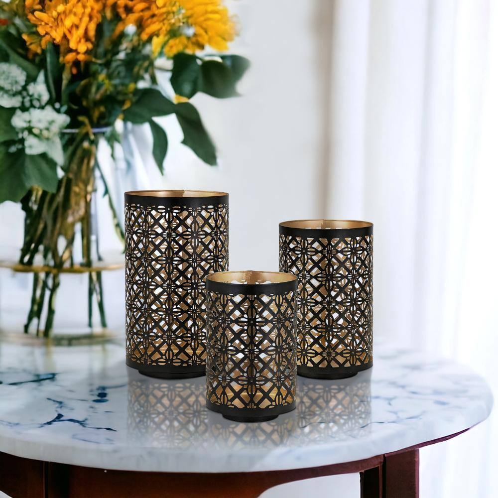 Black and Gold Metal Moroccan Lattice Candle Lantern Set