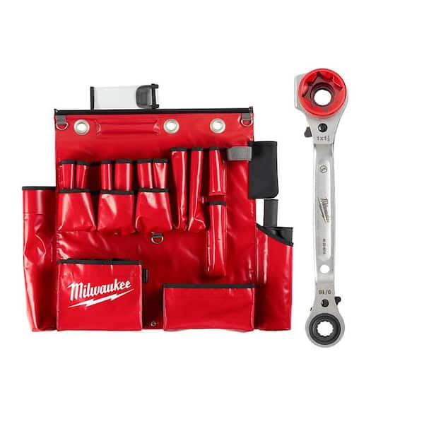 Milwaukee Lineman's Aerial Tool Apron with Lineman's 5-In-1 Ratcheting Wrench with Smooth Strike Face (2-Piece)