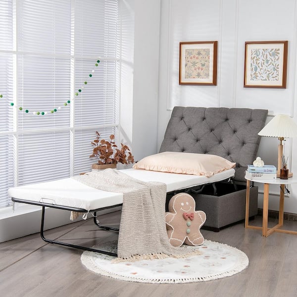 Folding Ottoman Sleeper Bed with Twin Mattress Convertible Guest Bed Grey