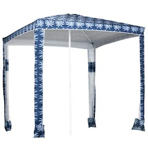 6.5 ft. Metal Beach Cabana Canopy Umbrella in Blue and White Coconut Palm with Sandbags and Carry Bag