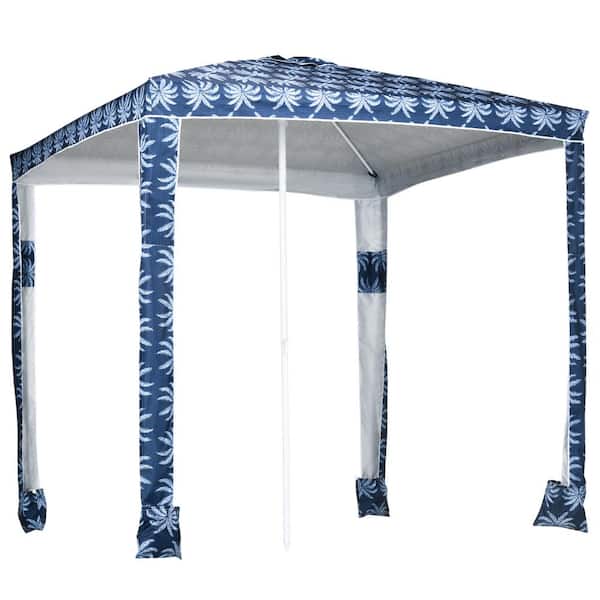 6.5 ft. Metal Beach Cabana Canopy Umbrella in Blue and White Coconut Palm with Sandbags and Carry Bag