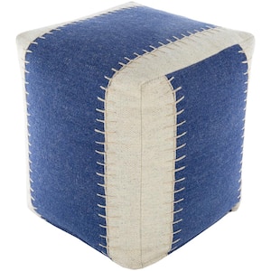 Remiel Striped Blue Wool Cube Accent Pouf