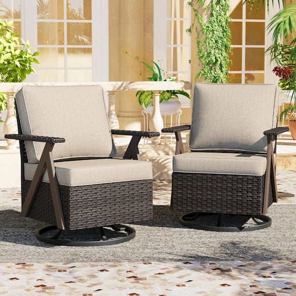 R-Shaped Armrest Brown Patio Wicker Outdoor Rocking Chair with Beige Cushions (2-Piece)