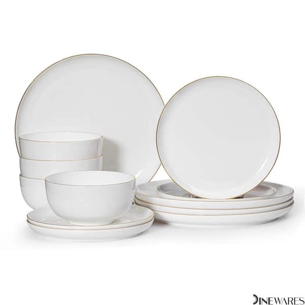 Dinewares Perlaceo 12-Piece White with Gold Rim Bone China Dinnerware Set-Service for 4