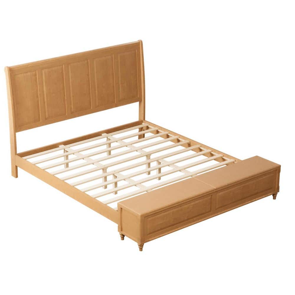Natural Brown Wood Frame King Panel Bed w/ 53 in.Headboard & 79 in. Storage Bench,No Box Spring Needed,1000lbs. Capacity