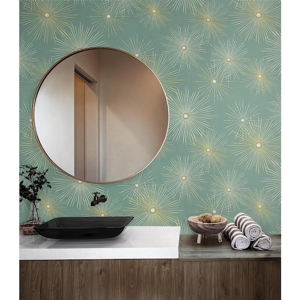Teal and Gold Starburst Geo Prepasted Paper Wallpaper Roll