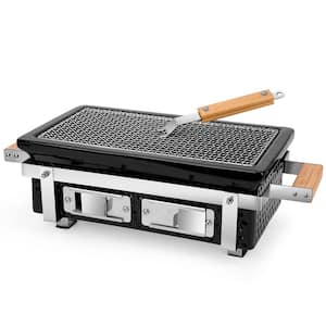 Portable Charcoal Hibachi Grill in Black with Grid Lifter & Stainless Steel Grill Rack