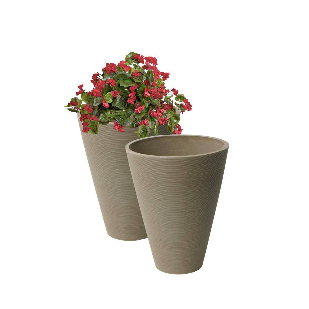 Taupe Composite Resin Round Taper Ribbed Planters, 14-Inch, Set of 2