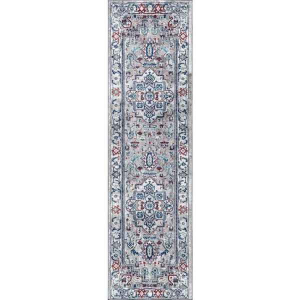 Modern Persian Vintage Medallion Light Grey/Light Pink 2 ft. x 8 ft. Runner Rug