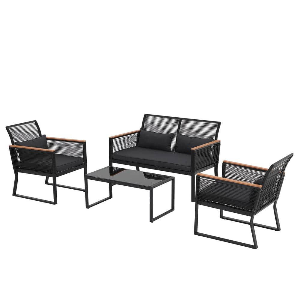 Black 4-Piece Wicker Outdoor Patio Conversation Set with Dark Grey Cushion