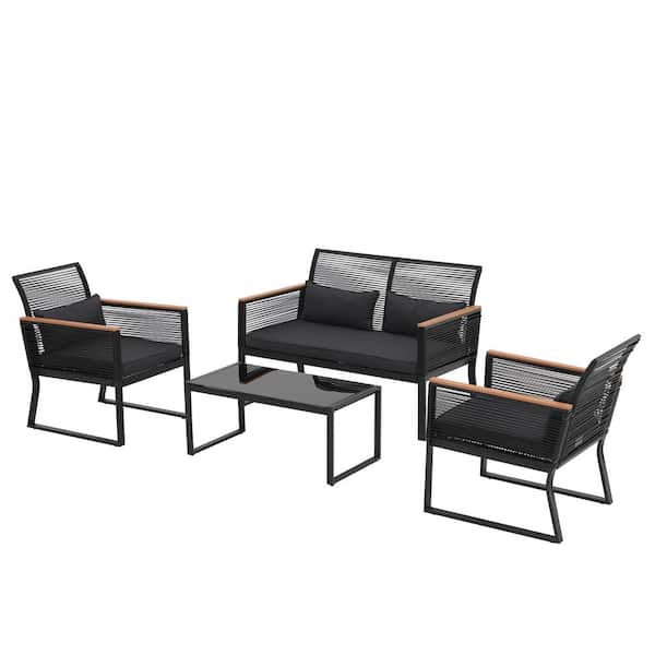 Freestyle OC Orange Casual Black 4-Piece Rattan Outdoor Patio Conversation Set with Dark Grey Cushion