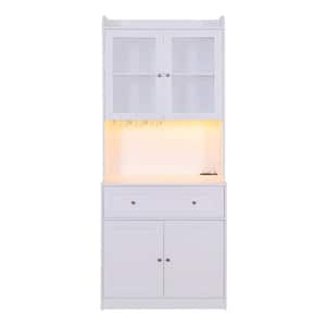 White Wood Pantry Organizer Coffee Bar Cabinet LED Light, Power Outlet, Power Strip Glass Holder