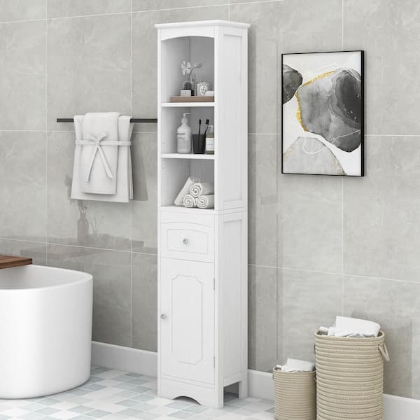 14 in. W x 9 in. D x 67 in. H White MDF Linen Cabinet with Adjustable Shelf in White