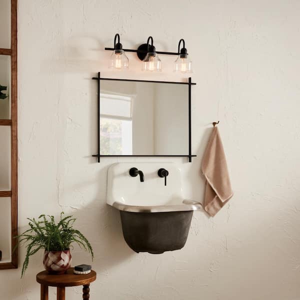 Avery 24 in. 3-Light Black Industrial Bathroom Vanity Light with Clear Seeded Glass