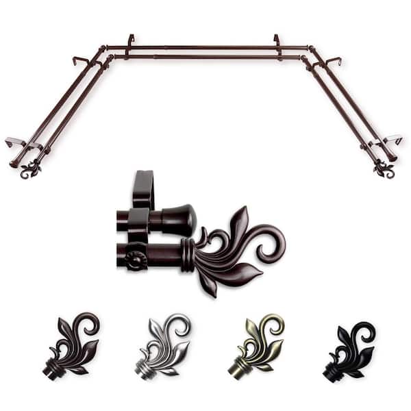 EMOH 13/16" Dia Adjustable 20"-36", 38"-72" Bay Window Double Curtain Rod with Andrea Finials in Cocoa