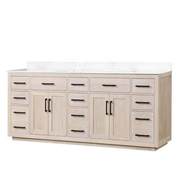 Unbranded 84 in. W x 22 in. D x 36 in. H Freestanding Bath Vanity in Light Oak with White Quartz Top