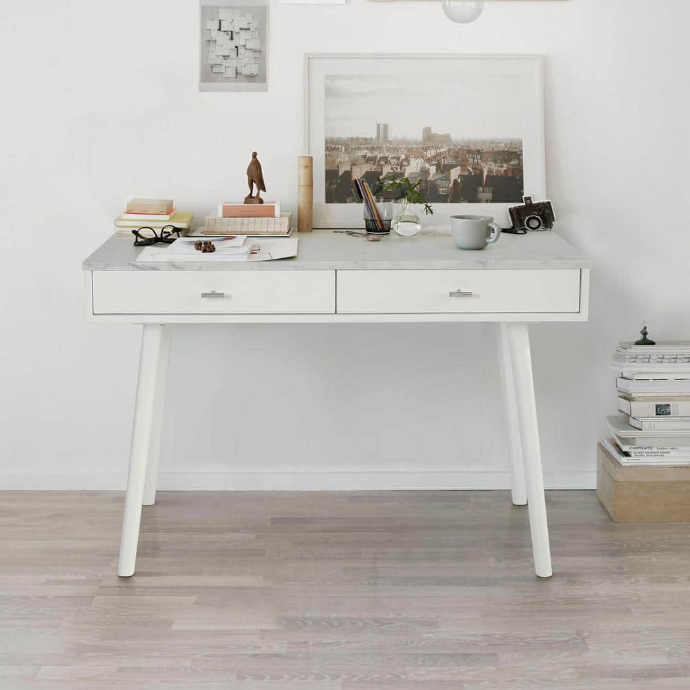 Viola 44 in. Rectangular Carrara White Wood 2-Drawer Writing Desk with Whit
