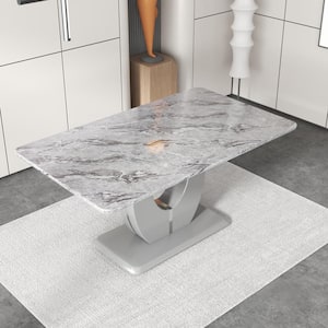 Modern Rectangle Grey Faux Marble Pedestal Dining Table Seats for 6 (62.99 in. L x 29.99 in. H)