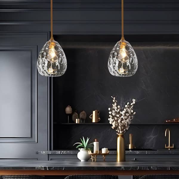 Modern 1-Light Plated Brass Teardrop Pendant Light with Clear Water Glass for Dining Kitchen Island Stem Hanging Lamp