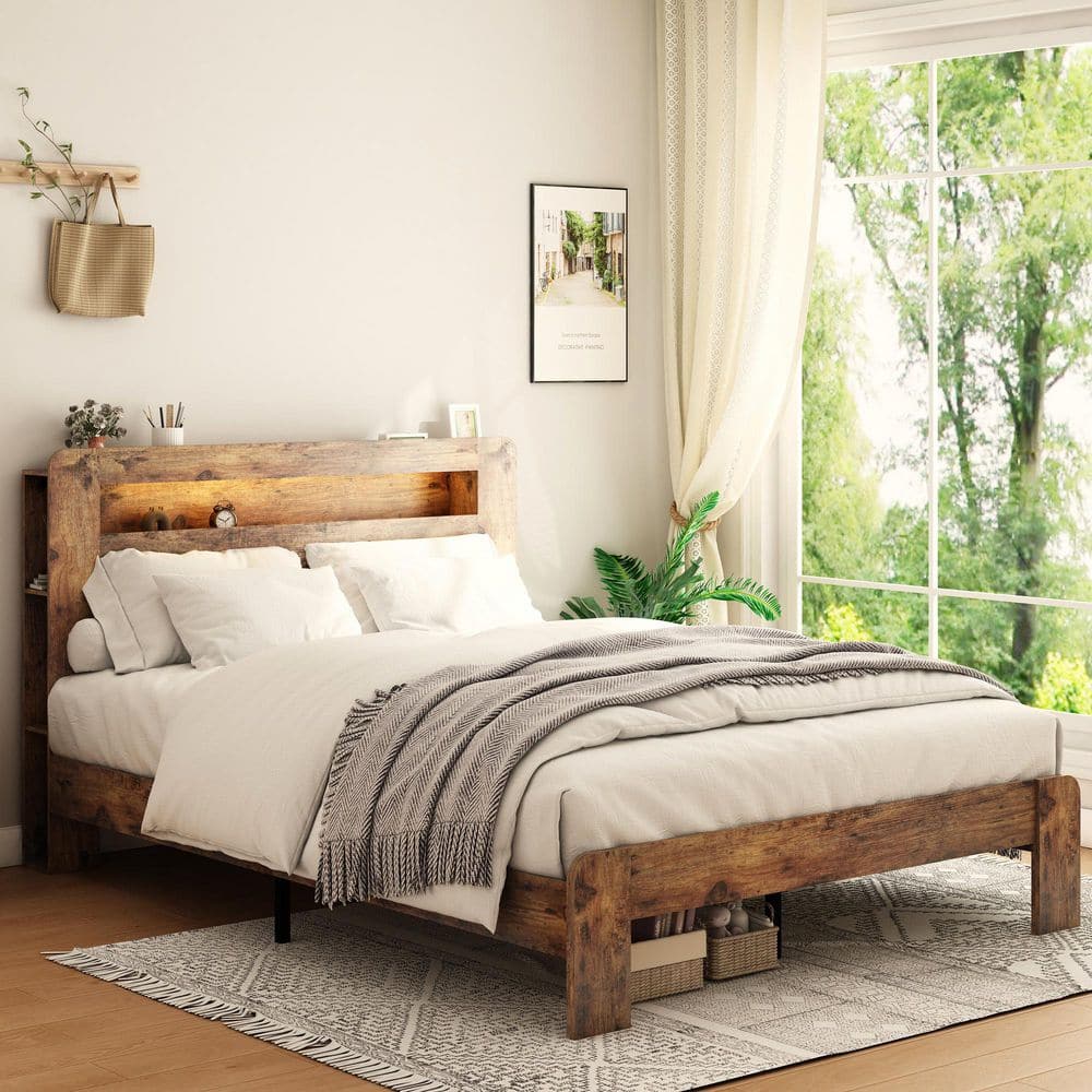Dark Brown Wood Frame Full Size Platform Bed Full Bed Frame with LED Light Headboard and 2 USB - No Box Spring Required price history on PriceWatchPro
