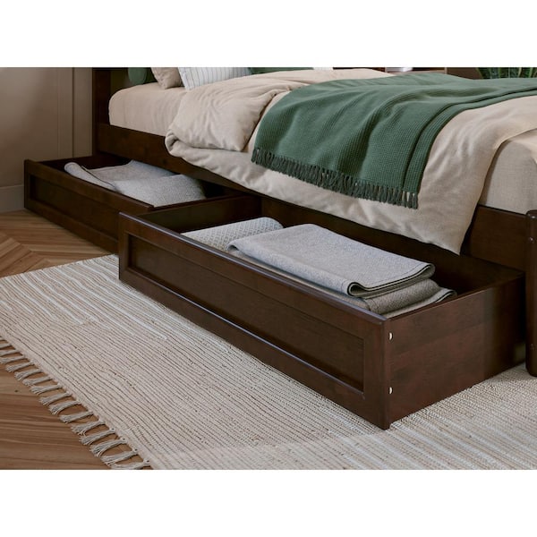 AFI Walnut Brown Mid-Century Modern Solid Wood Queen-King-Twin XL Under Bed Storage Drawers