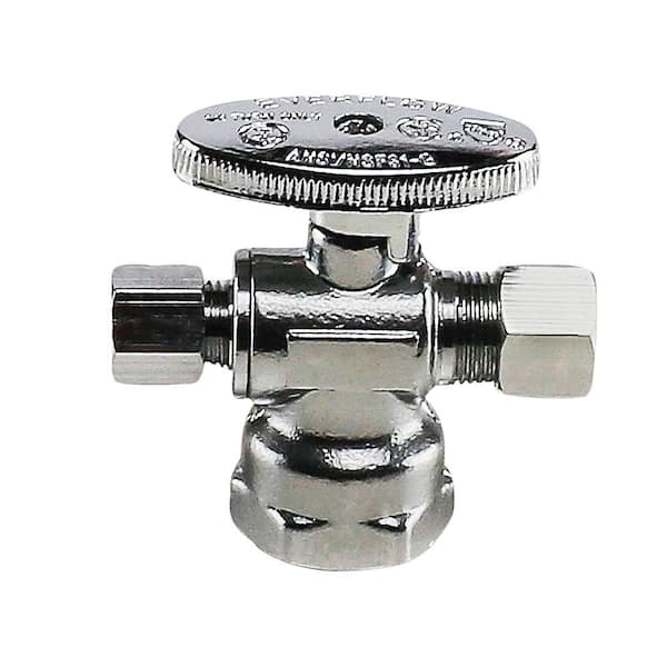 1/2 in. FIP x 3/8 in. COMP x 3/8 in. COMP Water Supply Stop Valve; Dual Outlet Quarter Turn Valve; Chrome Plated Brass