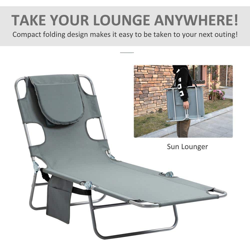 Gray Folding Outdoor Chaise Lounge with Pillow and Arm Slots