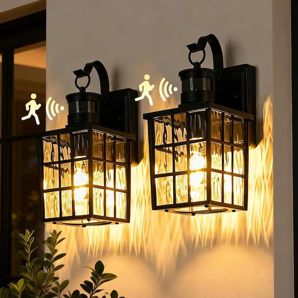 12 in. Matte Black Motion Sensing Dusk to Dawn Hardwired Outdoor Wall Lantern Sconce with Water Wave Glass, 2-Pack