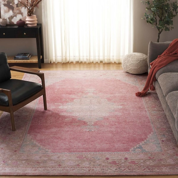 Classic Vintage 9 ft. x 12 ft. Pink/Dark Beige Faded Medallion Area Rug