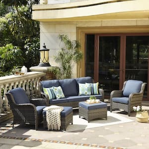 Joyoung Gray 5-Piece Wicker Patio Conversation Seating Set with Denim Blue Cushions