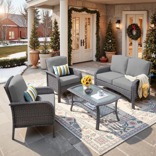 Denali Gray 4-Piece 4-Seat Wicker Modern Outdoor Patio Conversation Sofa Seating Set with Dark Gray Cushions