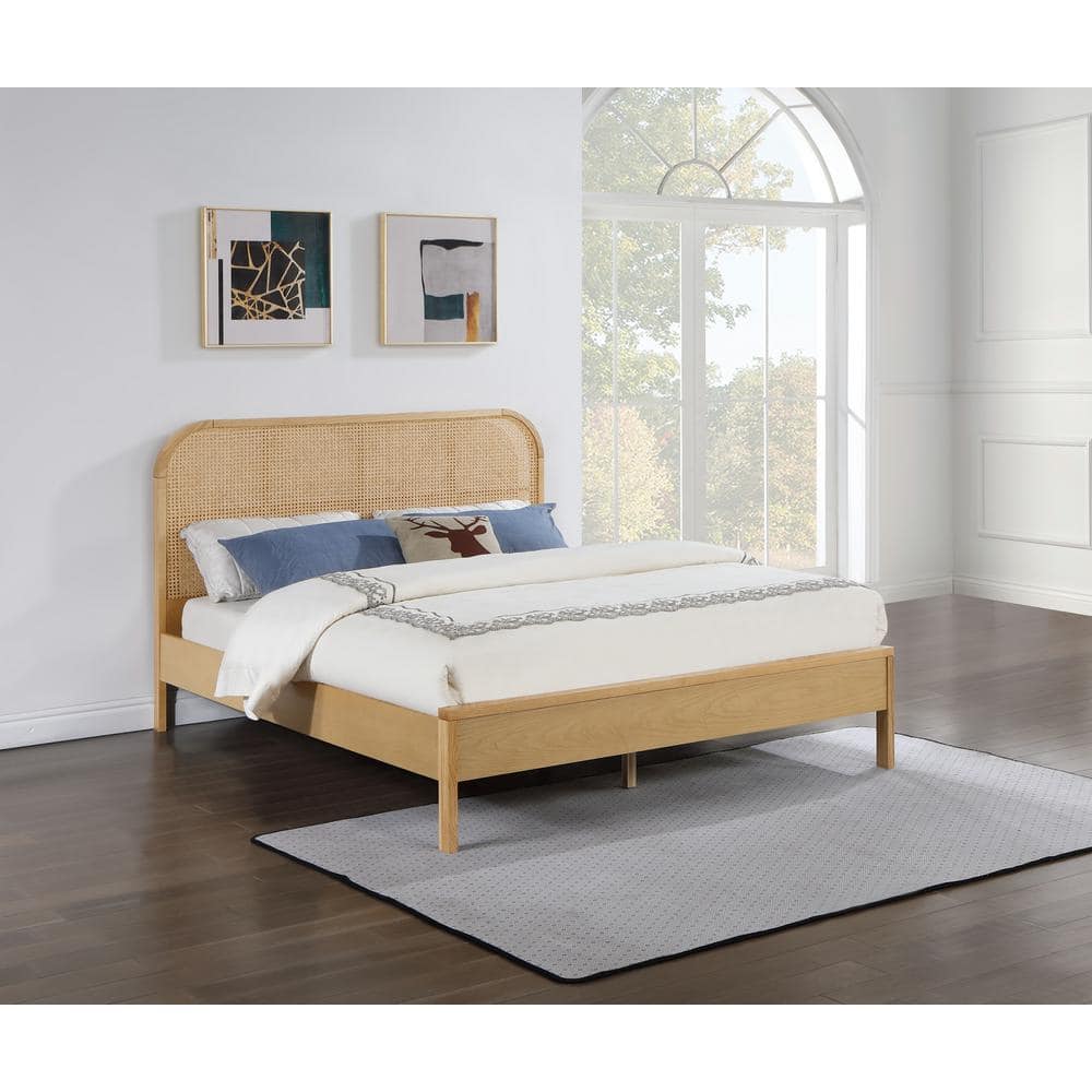 Natural Oak Queen Bed with Rattan Headboard and Storage Drawer