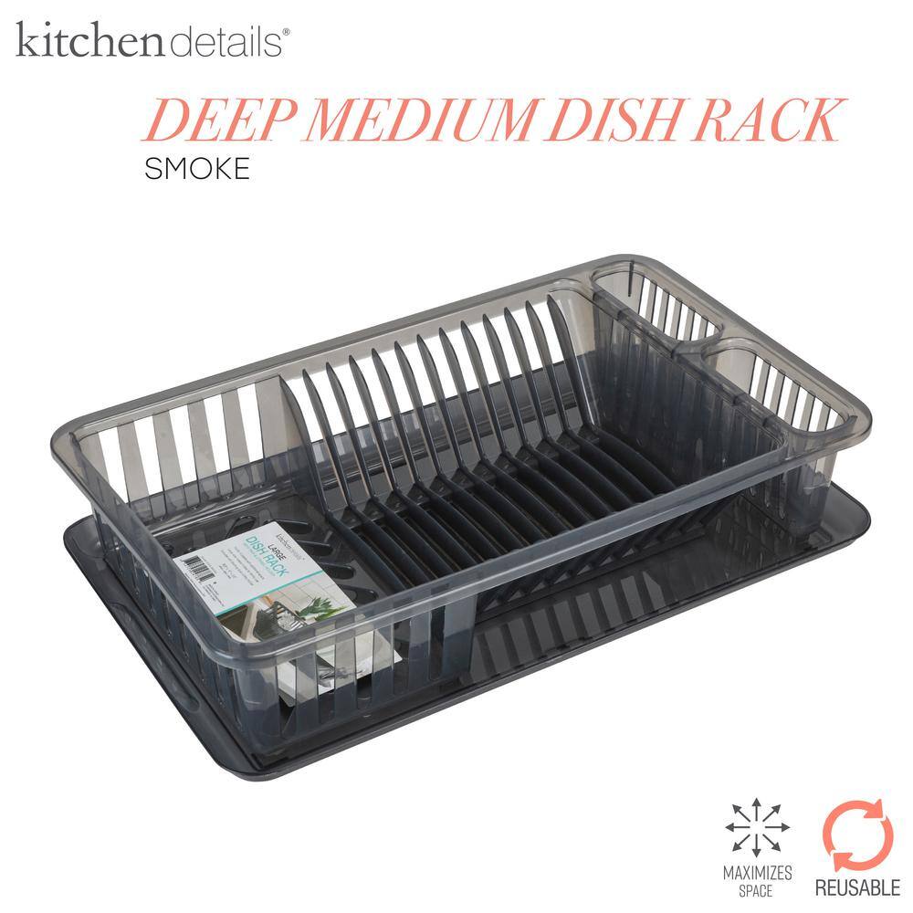 Smoke Gray Plastic Dish Rack with Utensil Cup and Tray