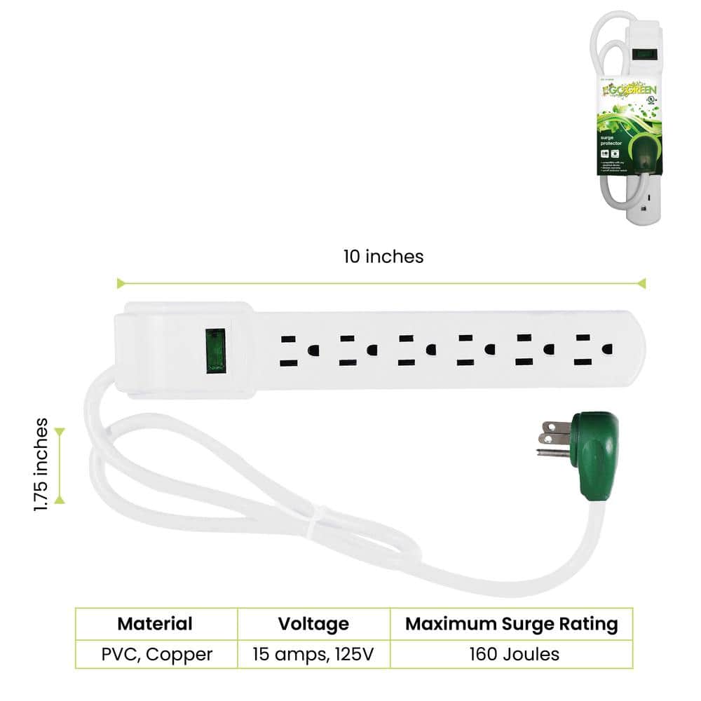 White 3' Cord 6-Outlet Surge Protector with Circuit Breaker