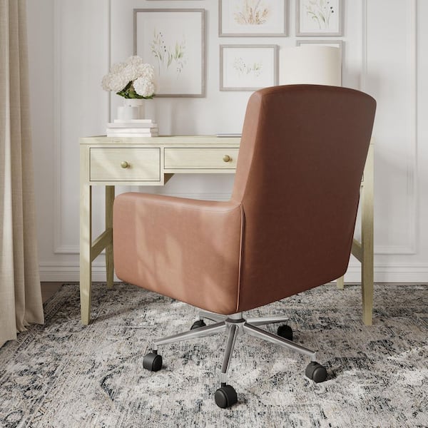 Zaya Faux Leather Swivel Office Chair in Saddle Brown/Polished Nickel with Arms