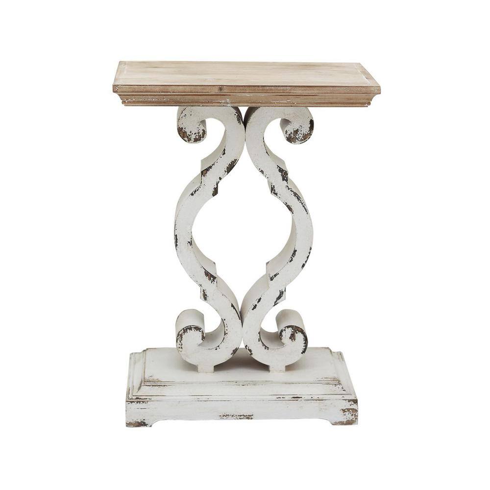 Rustic French Country Natural Wood End Table with Distressed White Base