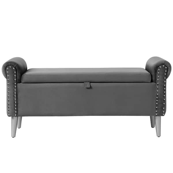 DAZONE Upholstered Flip Top Bed End Storage Bench Nailhead Velvet Gray 21.7 in. H x 47 in. W x 17.3 in. D