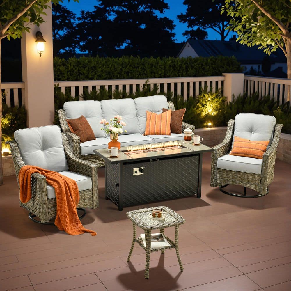 Tulip O 5-Piece Wicker Patio Conversation Seating Set with Fire Pit and Gray Cushions price history on PriceWatchPro