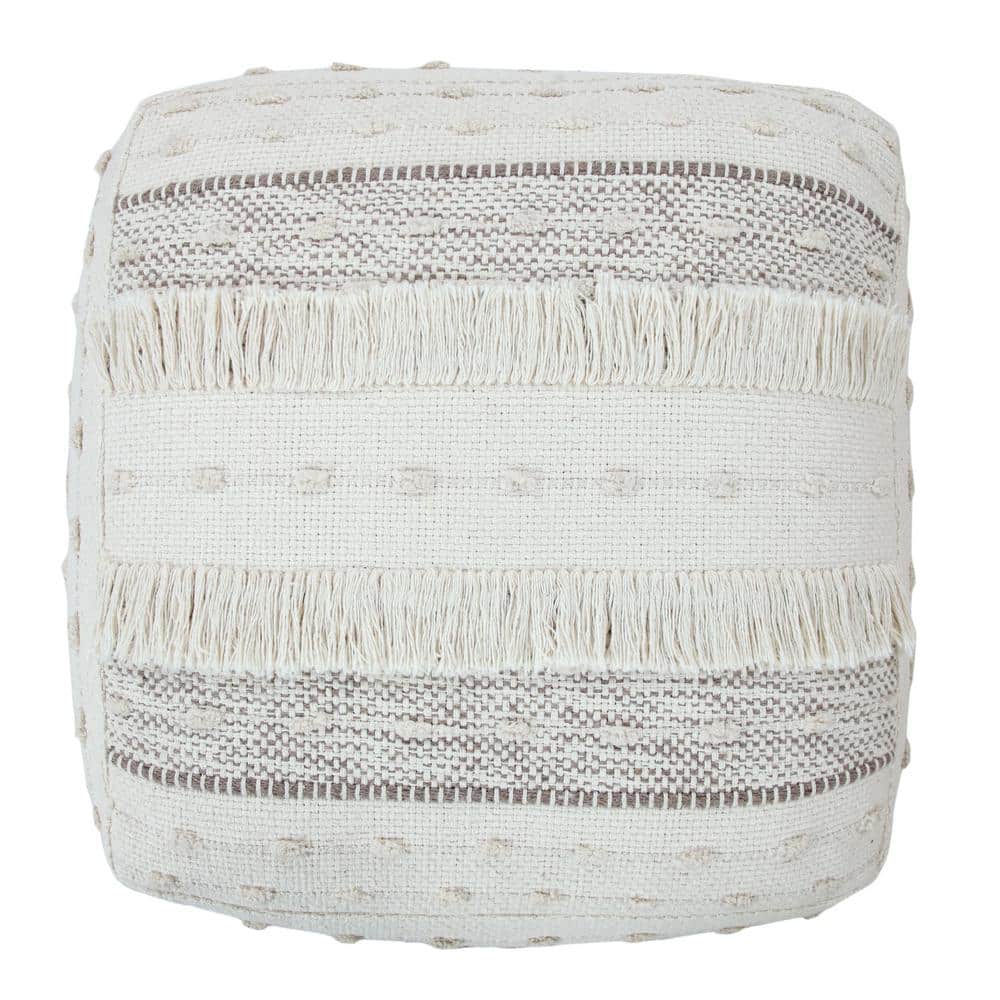 Ivory and Brown Shag Fringe Textured Square Pouf, 18" x 14"