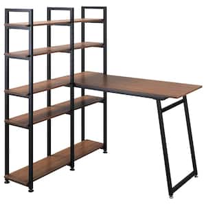 49 in. Black and Walnut L-Shaped 5-Tier Computer Desk VersatileWriting Table with Display Shelves and Metal Frame