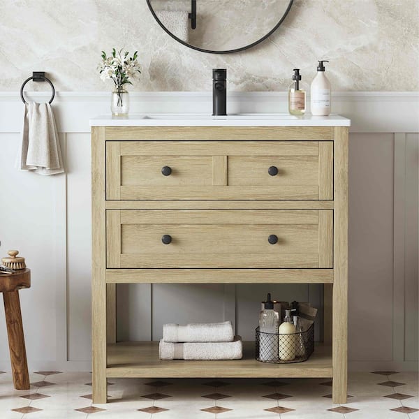 Shay 31 in. Single Sink Bath Vanity in Light Oak with White Engineered Solid Surface Top Unassembled