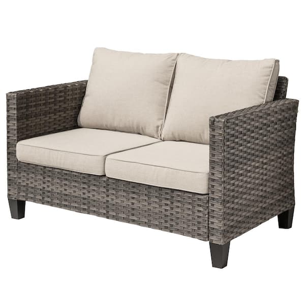 Libra Wicker Outdoor Patio 2 Seat Sofa Couch with Beige Cushions