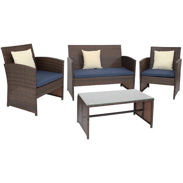 Sunnydaze Ardfield Mixed Brown 4-Piece Rattan Patio Set with Navy Cushions