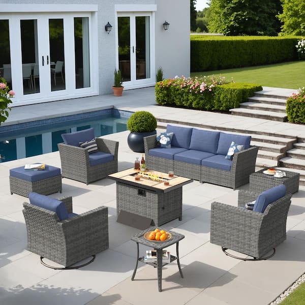 OVIOS Bexley Gray 10-Piece Wicker Rectangle Fire Pit Patio Conversation Set with Denim Blue Cushions and Swivel Chairs