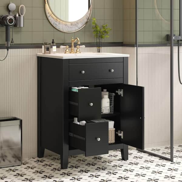 24 in. Freestanding Black Bath Vanity with White Ceramic Top, 2-Drawers and Soft Closing Doors