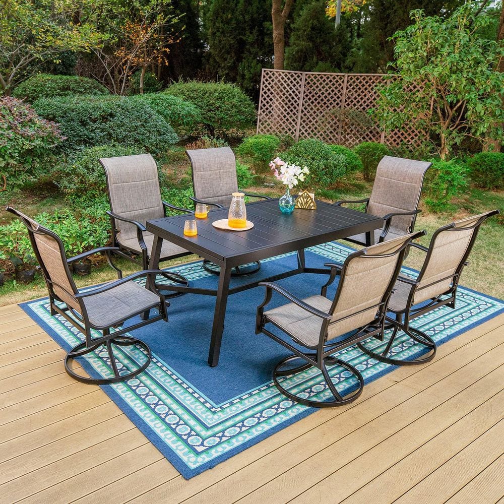 PHI VILLA Black 7-Piece Metal Outdoor Patio Dining Set with Slat ...